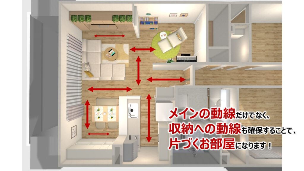 マンションリビングダイニングの家具配置、動線