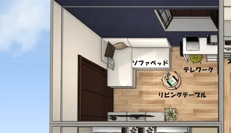 リビングの様子。夫婦はソファベッドを使用。