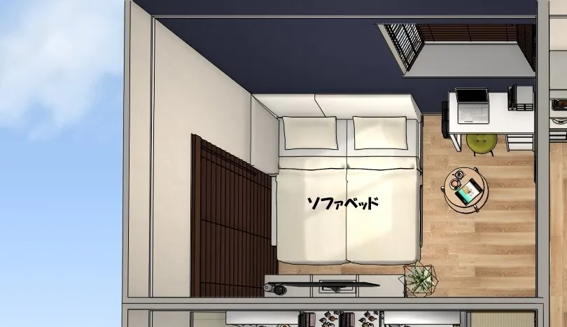 リビングのソファーベッドを広げて寝室に早変わり。