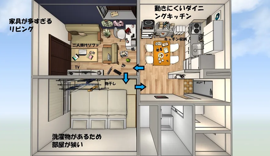 ビフォーの様子。モノが多すぎる2DK。