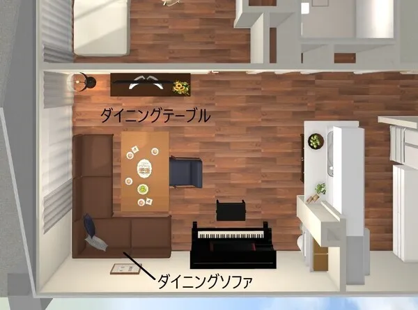 狭いリビングにピアノを配置した快適なレイアウト例