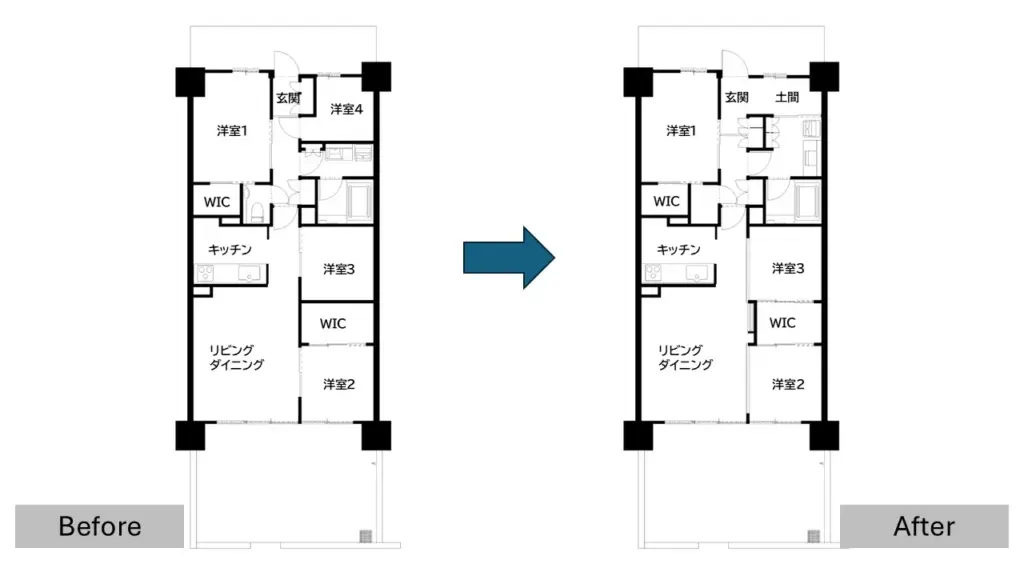 「家具が描かれていないリノベーションのビフォーアフター間取り図。広々として見えるが、実際には家具を置くと生活動線に支障が出る可能性がある