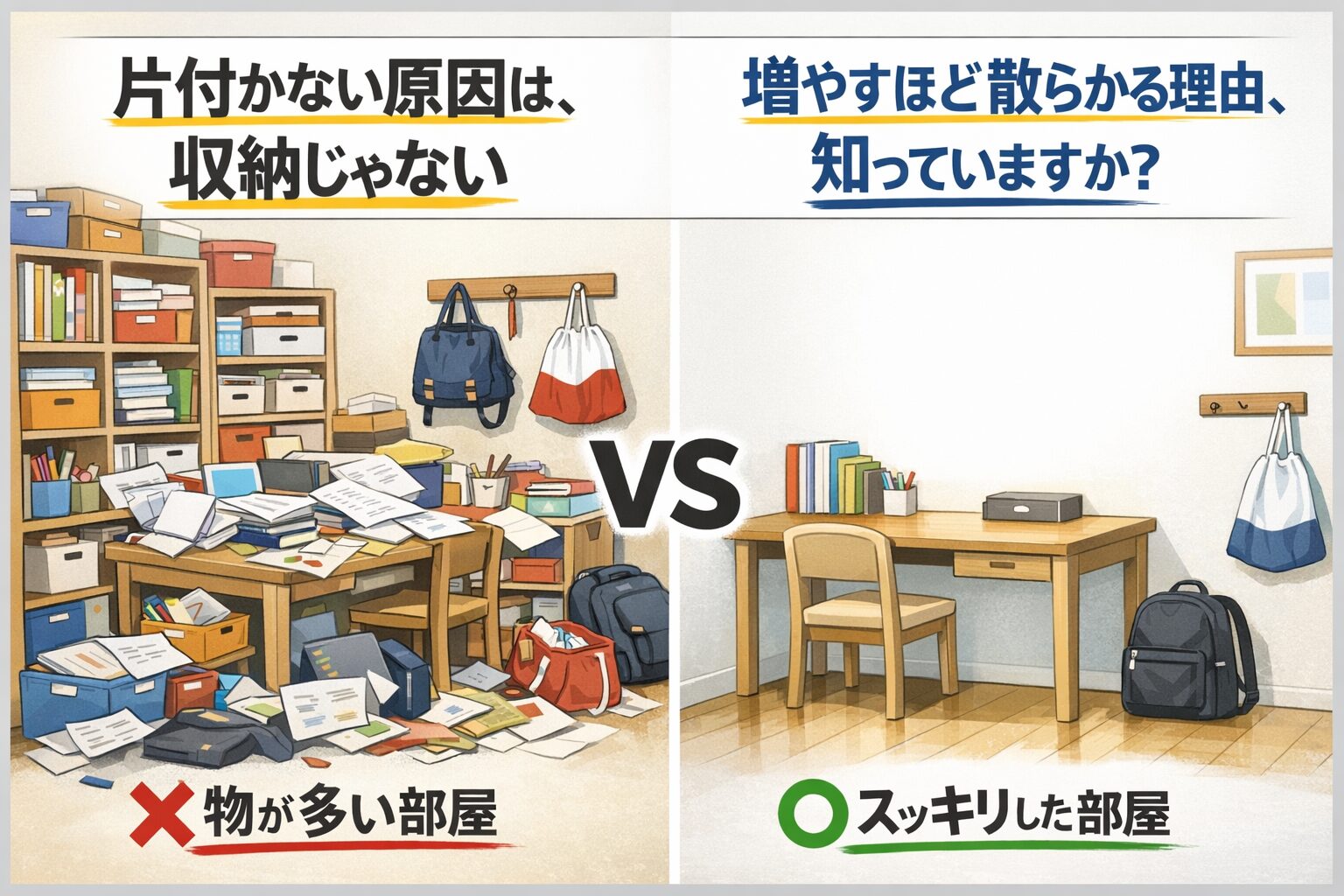 収納が多いのにプリントや教科書が散らかった子ども部屋と、収納は少ないが机周りが整い片付いている子ども部屋を左右で比較した図