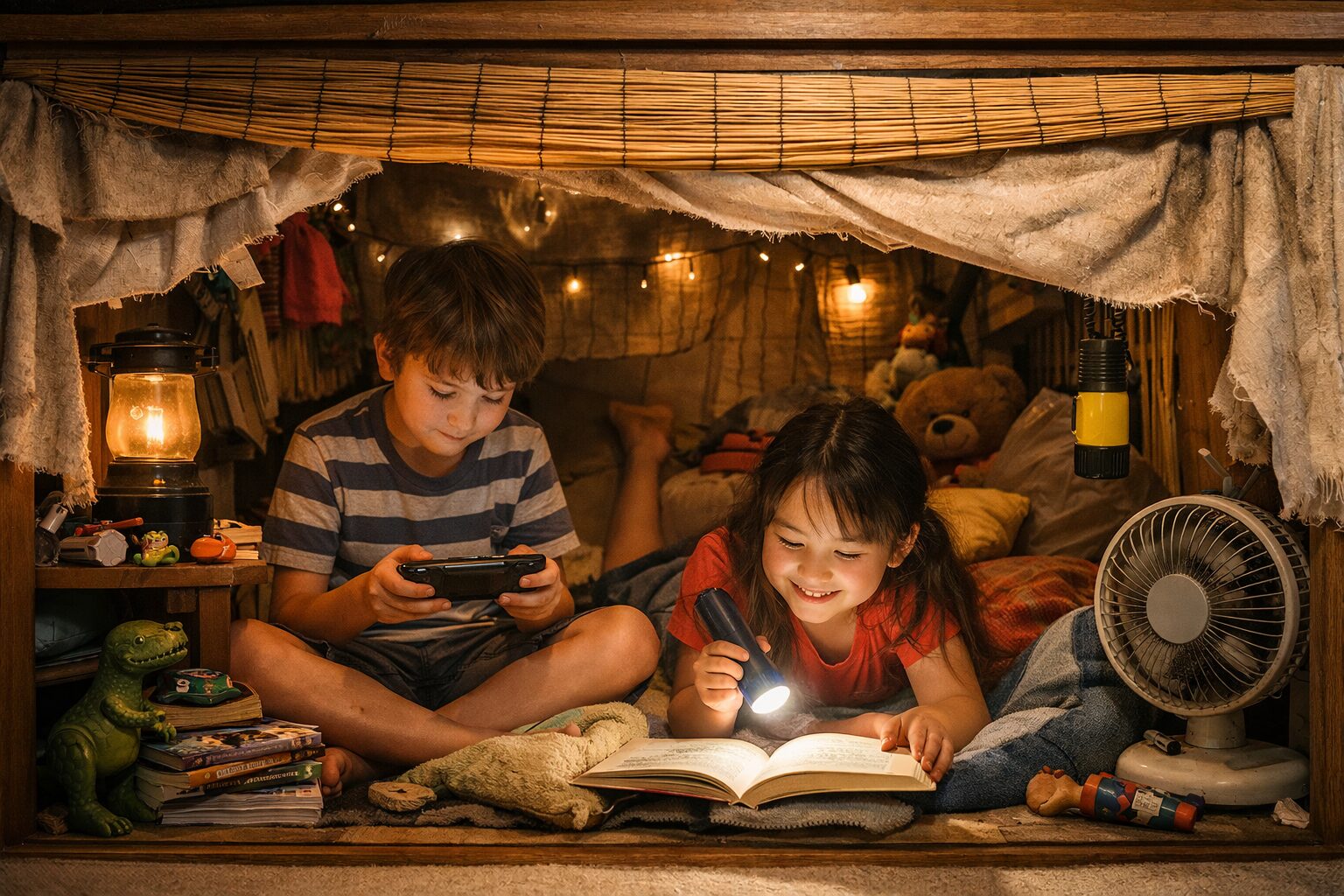 押入れを秘密基地のように使い、子どもが中で過ごしている様子。換気や安全面に配慮されていない可能性がある空間のイメージ。