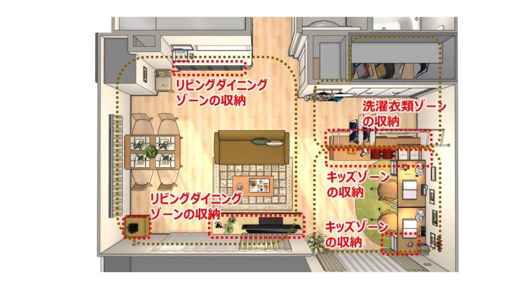 空間ごとに収納を作る専用収納の家具配置図(ダイニング収納・リビング収納)
