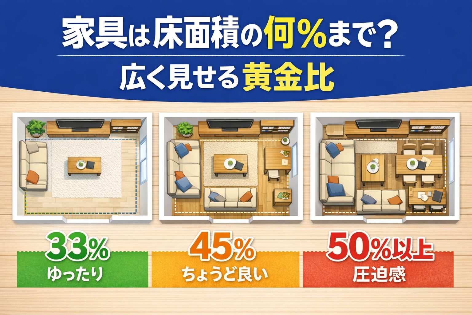床面積に対する家具の割合33%と45%の比較イメージ図