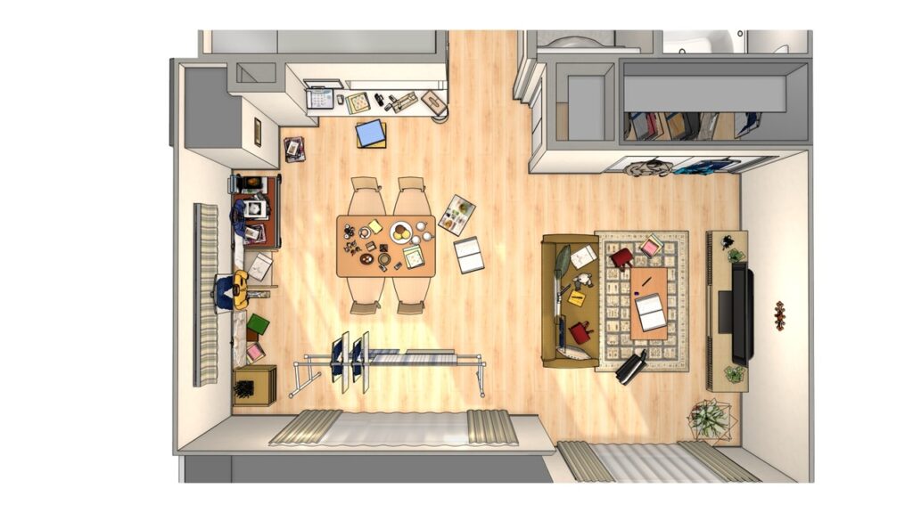 散らかったリビングダイニングの家具配置例|動線が悪く狭く感じるLDK