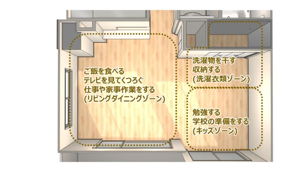 LDKの空間分けを示した家具配置図(くつろぎ・食事・学習スペース)