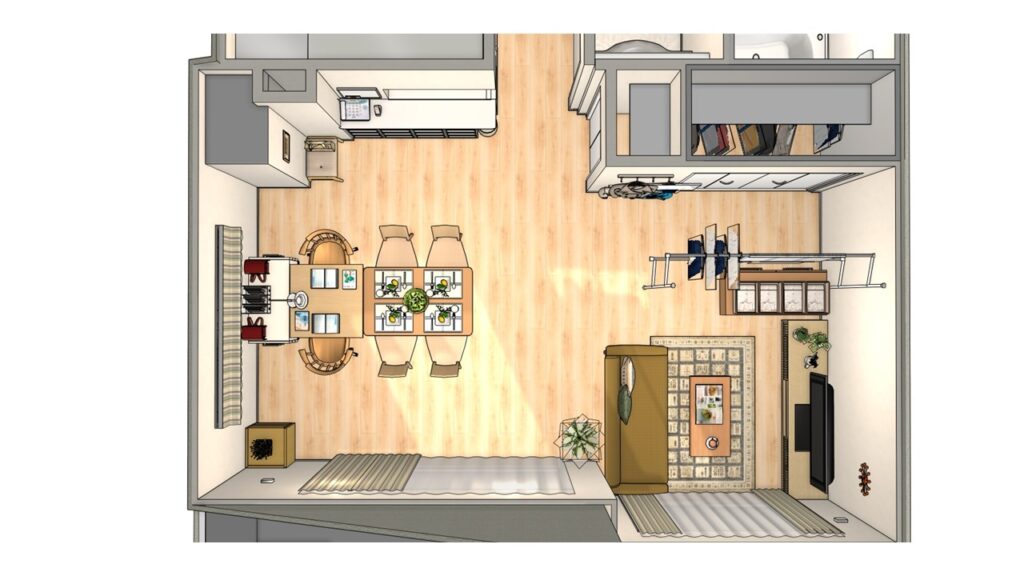 家具の量を減らして中央に余白を作り部屋を広く見せるリビングダイニングの家具配置