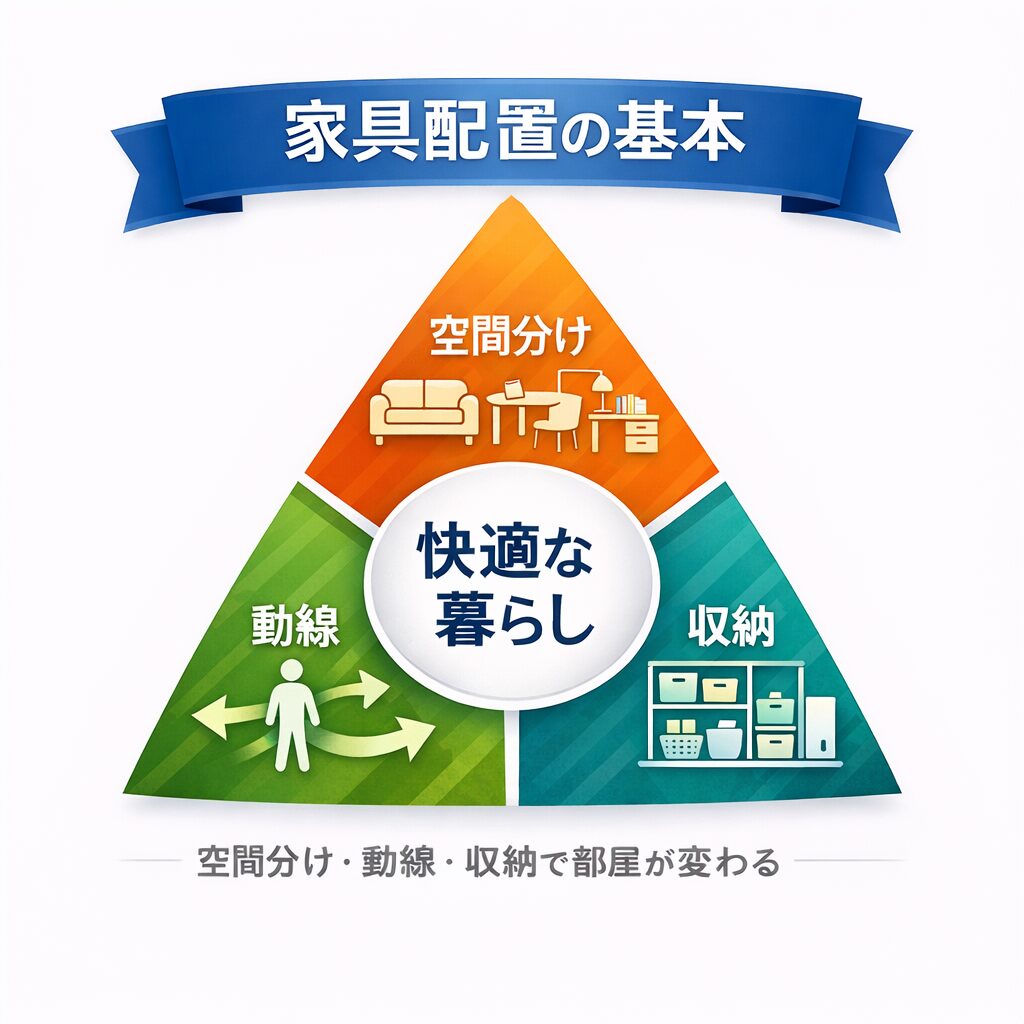 家具配置の基本3要素(空間分け・動線・収納)の三角図