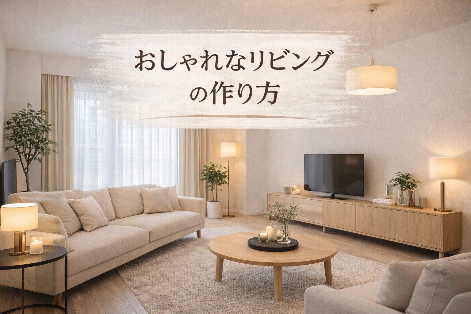 ベージュと木目を基調にしたおしゃれなリビングインテリアのイメージ