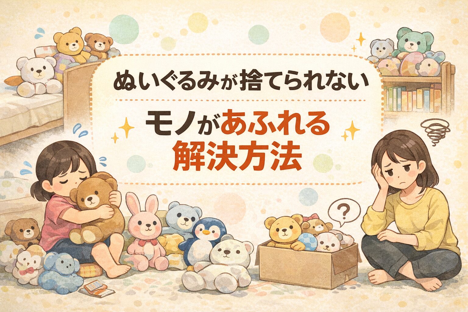 ぬいぐるみが捨てられず部屋にあふれて困っている子どもと悩む親のイラスト。ぬいぐるみ問題の解決方法を表現した画像
