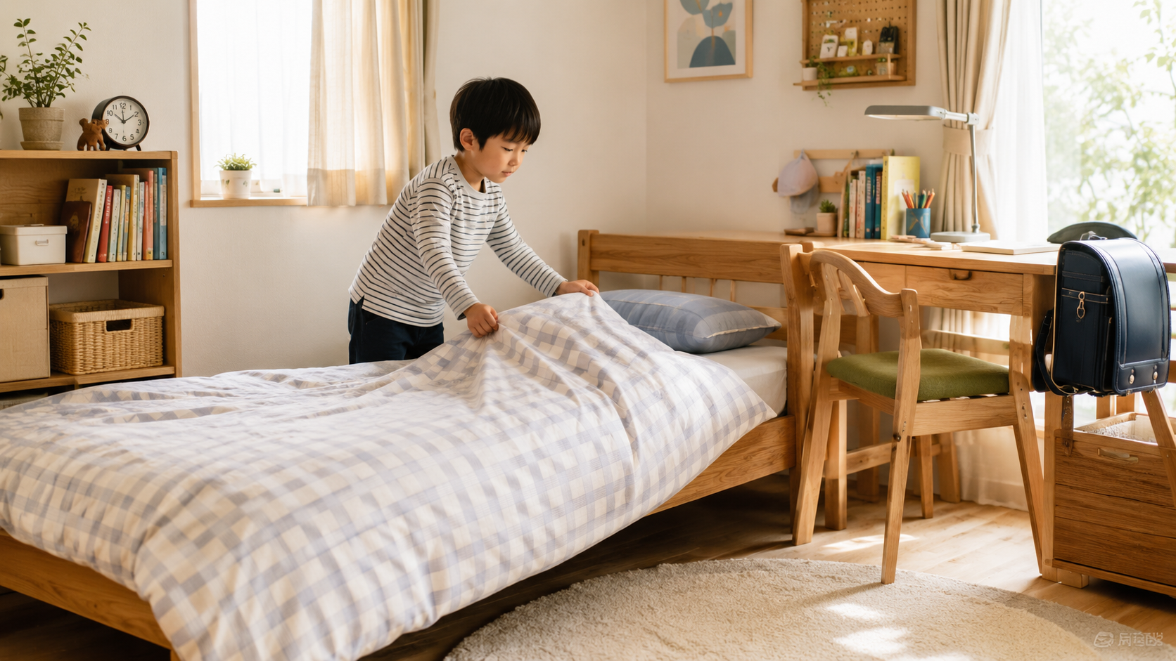 自分でベッドメイキングをする小学生の子どもと整った子ども部屋