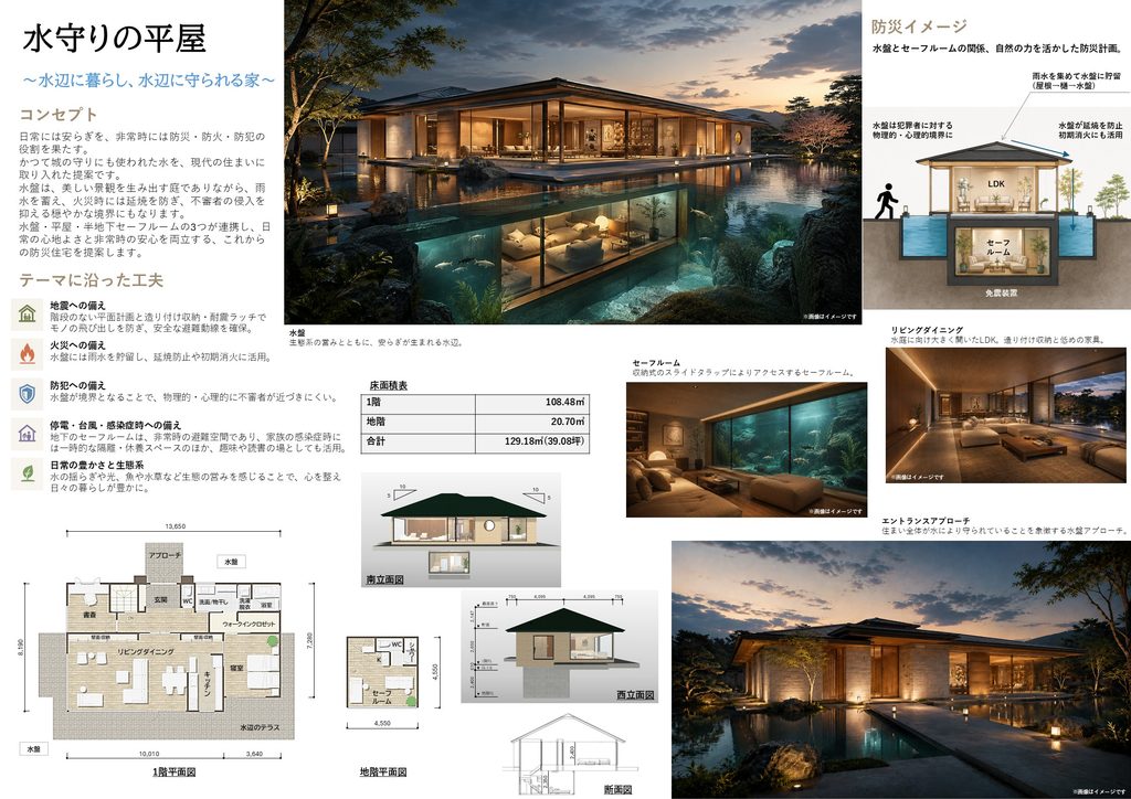 クレバリーホーム設計コンペ入賞作品「水守りの平屋」の提案パネル。水盤に囲まれた平屋と半地下のセーフルームの完成イメージ、平面図、断面図を掲載。